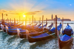 Venetian gondolas at sunrise, Venice, Italy